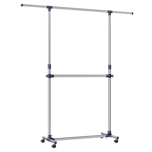 SONGMICS Kleiderständer, Garderobenständer, verstellbare Kleiderstange, mit Rollen, aus mit Edelstahl plattiertem Rohr, LLR41L, (101-163) x 49 x (113-198) cm, Blue