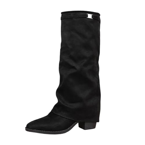 Generisch Kniehohe Stiefel Damen,Slouchy Boots - Spitzer Zehenbereich Plateauabsatz Langschaft Knee High Boots Winter Warme Leder Mode Komfort Dressy Stiefel Black 39/EU