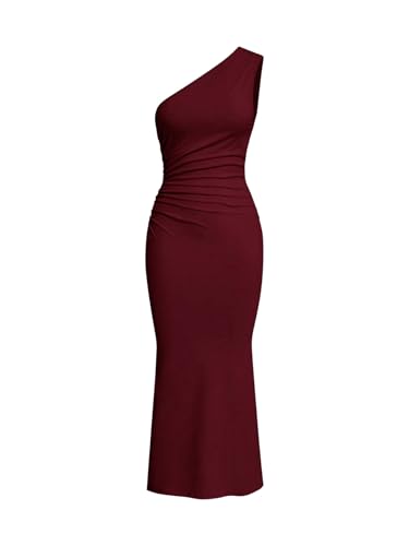 SweatyRocks Damen Kleid Elegant Maxikleid Lang Bleistiftkleider Bodycon Fishtail-Kleid Gerafftes Freizeitkleid mit Asymmetrischem Ausschnitt Bordeaux S
