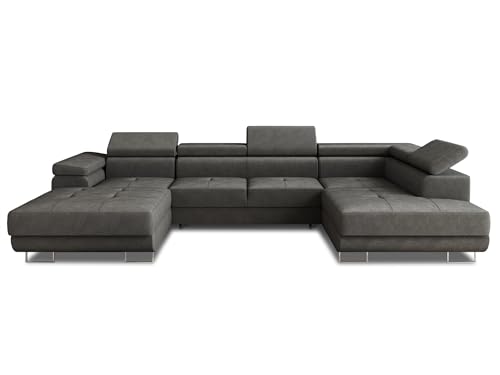 Wohnlandschaft Caris U mit Schlaffunktion und einstellbare Kopfstützen, Ecksofa mit Zwei Bettkästen, Couch, Sofa, Bettsofa (Graphit (Kronos 22), Ecksofa Links)