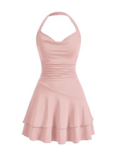 SweatyRocks Damen Minikleid A Linie Kleid Neckholder Kleider mit Rüschen Ärmelloses Mehrschichtiges Kleid Freizeitkleid Grau-Rosa S