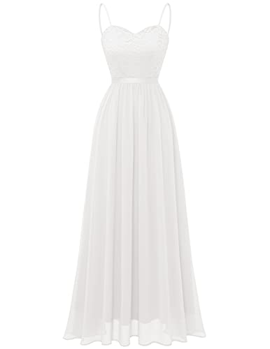DRESSTELLS Abendkleider Elegant für Hochzeit Festlich Ballkleid Damen Lang Brautkleid Standesamt Weiß Brautjungfernkleider mit Spaghettiträger Jugendweihe Kleider White L