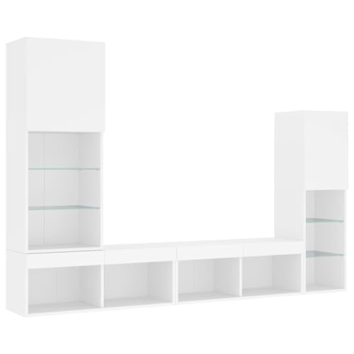 vidaXL Wohnwand 4-TLG., Schrankwand mit viel Stauraum, Anbauwand mit LED-Beleuchtung, Wandmontage Fernsehschrank Wohnzimmer Set Schrank, Weiß Holzwerkstoff