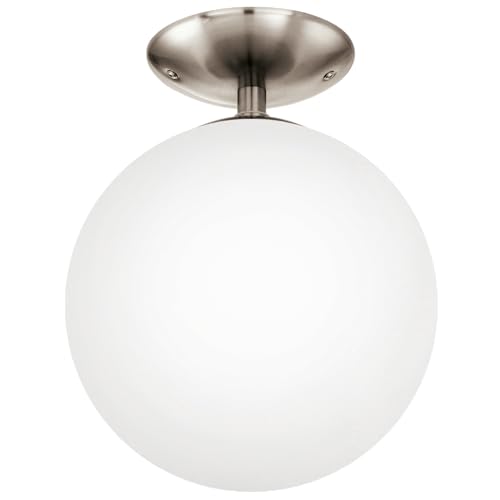EGLO Deckenlampe Rondo, runde Deckenleuchte, Deckenbeleuchtung Glaskugel, Kugel Lampe Wohnzimmer aus Metall in Silber und Glas in Opal matt weiß, E27 Fassung