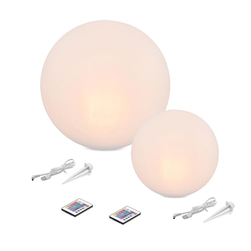 Esotec Solarkugeln Siena, 2er Set, Multicolor, 20+30cm, Fernbedienung, USB, 16 Leuchtfarben, Akku, Solarmodul, Erdspieß, Solarleuchte, Kugelleuchte, außen, Winterfest, wetterfest, 102894