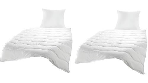 Bettenset 2X Bettdecke und 2X Kopfkissen = 4 teiliges Set Premium Weiss Allergiker Steppbett Steppbettdecke Bettwäsche 2X 135x200 cm & Kopfkissen 2X 80x80 cm Bezug 100% Polyester