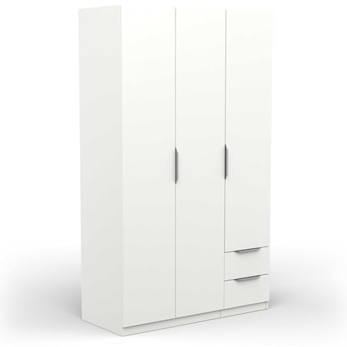 Armoire Dressing Avec Penderie Moderne 3 Portes 2 Tiroirs 4 Niches – Coloris Blanc Mat - 119,4 x 51,1 x 203 cm