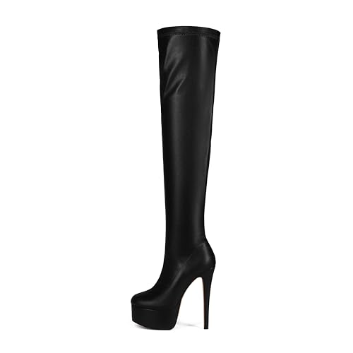 Feinlina Mode Frauen über Knie hoch Stiletto Plattform Heel Stiefel Nacht Sexy Schwarz Leder Oberschenkel hohe Stiefel (Schwarz,43)