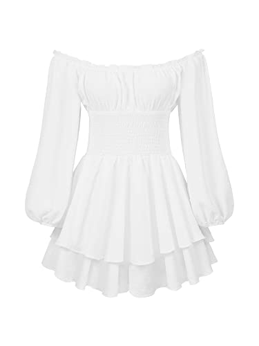 Acrawnni Damen Puffärmel Off Shoulder Shorts Romper Quadratischer Hals Geraffte A Line Flowy Swing Kleid Smocked Layered Piratenkostüm Damen (A-White, M)
