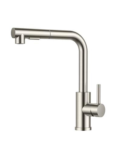 FORIOUS Wasserhahn Küche, Küchenarmatur Ausziehbar mit Brause, Spültischarmatur Küche, L-förmiger Edelstahl Mischbatterie Armatur, Zwei Sprühfunktionen, 360° Schwenkbar