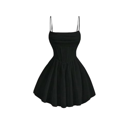 YIMAISZQ Kleid Frauen Mit Geringer Korsett Spaghetti -Riemen Und Flare Flowy Skater Mini Cami Kleid-schwarz-s