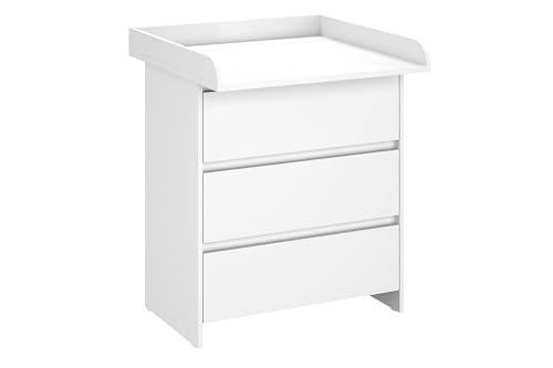 Shefa Kids 820 Wickelkommode Weiß – 3 Schubladen Wickeltisch & Kommode Kinderzimmer, Babyzimmer Komplettset mit abnehmbarem Wickelaufsatz, ergonomische Wickelstation
