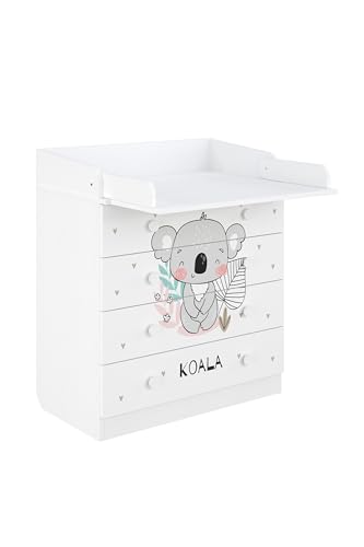 Shefa Kids 800 Changing Unit White Koala Design - Spacious Chest of Drawers with 4 Drawers and Changing Unit