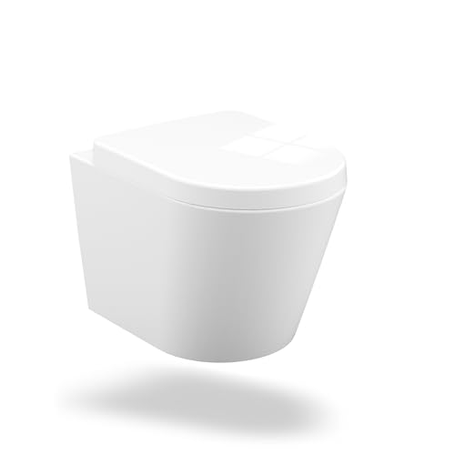 Hänge-WC in D-Form, 360° Einloch Superspin Spülung Wand WC, Hochwertige Keramik-Wandtoilette Mit Absenkautomatik, Toilettenbecken, Leiser Spülung & Schnellmontage-System (Schnellspanner)–53 Cm, Weiß