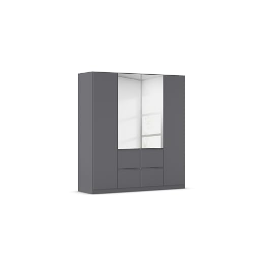 Rauch Möbel Bristol, Drehtürenschrank, Kleiderschrank, Schrank, Garderobe, 4-türig, 2 Spiegeltüren, 4 Schubladen, Farbe Grau metallic, Schwarz, Griffprofil Grau metallic, Push-to-Open, 181x197x54cm