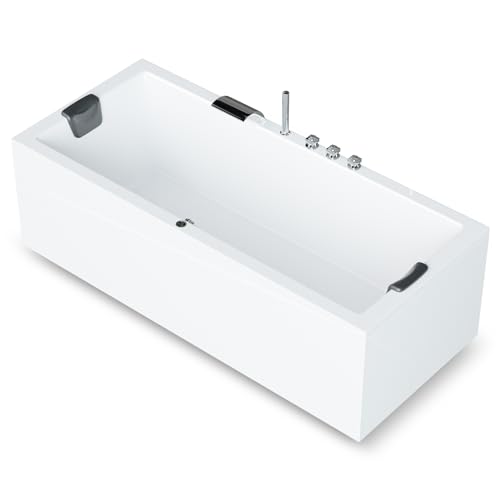 AQUADE Acryl Badewanne 170x75 cm Modell: ULM Badewannen Komplettset - Wählen Sie Ihre perfekte Wanne: Ab-Überlauf mit Zulauf, Wannenrandarmatur, Nackenkissen, LED