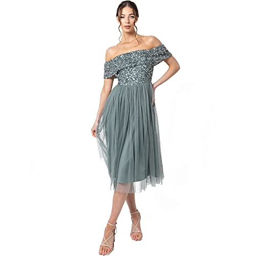 Maya Deluxe Damen Maya Deluxe Bardot Embellished Midi Bridesmaid Dress, Misty Green, Gr. 40 EU