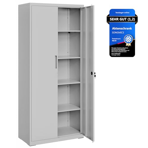 SONGMICS Aktenschrank, Mehrzweckschrank, Stahl-Aufbewahrungsschrank, 5 Ebenen, Doppeltüren, Schloss, Werkzeugschrank, verstellbare Ablagen, Garage, Büro, Wohnzimmer, grau OMC015G01