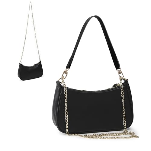 fannos Kleine Handtasche Damen - Handtasche Damen Klein | Abnehmbare Kette und Schulterriemen | PU-Leder, Schwarz, Tägliche Nutzung(26x7x15cm)
