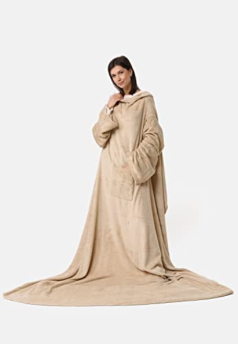 made2trade Weiche Kuscheldecke mit Ärmeln, Bauchtasche und Handyfach - aus fedeleichtem Coral-Fleece - Irish Cream - Gr. 170x200cm