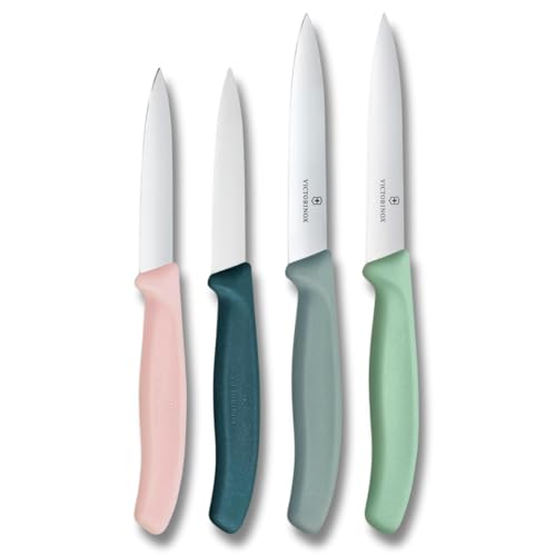 Victorinox Swiss Classic, Tomaten- und Gemüsemesser Set, 4teilig, Scharfe Klinge, 8 und 10 cm, Wellenschliff, Rostfreier Stahl, Pink und Grün