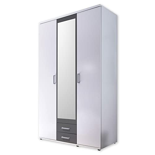HANAU Kleiderschrank mit Spiegeltür in Weiß, Graphit - Vielseitiger Drehtürenschrank 3-türig für Ihr Schlafzimmer - 120 x 196 x 54 cm (B/H/T)