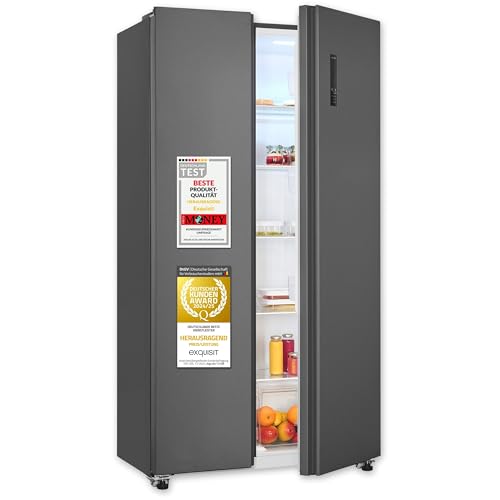 Exquisit Side-by-Side Kühlschrank | 442 l Nutzinhalt, Energieeffizienzklasse D, 39 dB(A) | No Frost Kühlen und Gefrieren, Schnellgefrieren, Temperaturregelung, LED-Display | SBS546-040D anthrazit