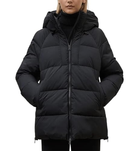 ECOALF Steppjacke für den Winter mit Kapuze, schwarz, langes Design, Reißverschluss, Schwarz , 38