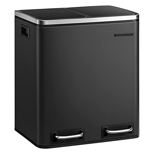 SONGMICS Mülleimer Küche, 2 x 15 Liter, Mülltrennsystem 2 Fächer, inklusive 15 Müllbeutel, Abfalleimer, Treteimer, recycelbare Abfälle, Biomüll, Softclose-Deckel, tintenschwarz LTB30BK