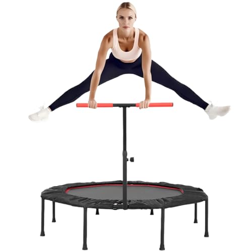 LIFERUN Mini Trampolin Indoor Erwachsene Ø128cm, Fitness Trampoline Klein,Jump Rebounder Workout,Tragfähigkeit 150kg,Stabiler Leise Gummiseilfederung,Höhenverstellbaren Griffen,Zuhause, Rot