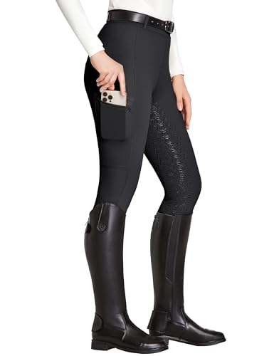 FitsT4 Sports Reitleggings Damen Reithose Silikon vollbesatz mit Handytasche und Gürtelschlaufen für Reitsport Pferdetraining,Schwarz,M
