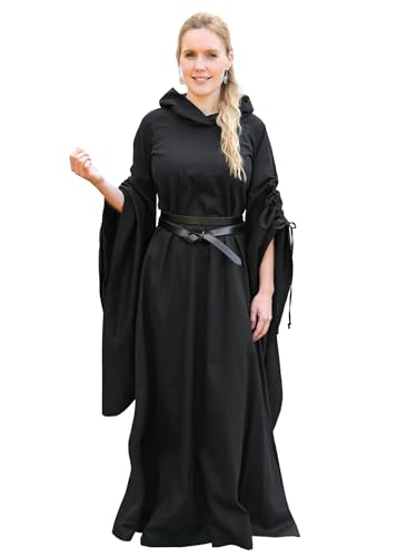 Battle-Merchant - langes Mittelalterkleid Isra mit Trompetenärmeln und großzügiger Kapuze für Damen - für Karneval, Halloween, LARP (XL, Schwarz)