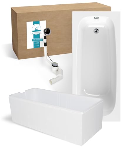 Calmwaters® Premium Badewanne Komplettset 170x75 cm Original, Made in EU, 3in1 Acryl-Badewanne mit Wannenträger & Ablaufgarnitur, Körperformbadewanne, Rechteckbadewanne 170 x 75, 200 l, Weiß
