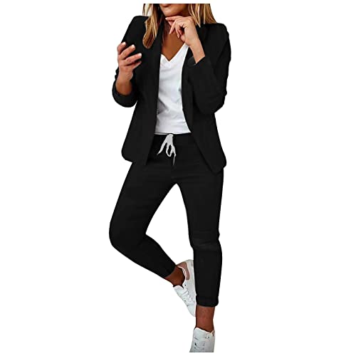 Hosenanzug Damen Elegant Business Anzug Set 2-teilig Slim fit Blazer Hose Outfit Casual Sportlich Freizeitanzug Mode Revers Longblazer Lang Hosen Tracksuit Baumwolle Streetwear Hosenanzüge Sets