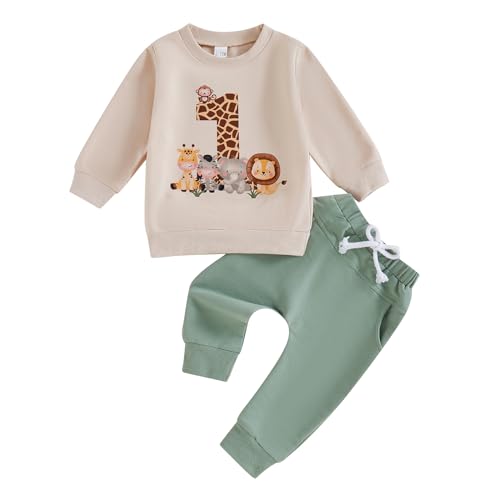 Geagodelia 1. Jahr Geburtstags Outfit Baby Junge Kleidung Set Langarm Sweatshirt und Hose Bekleidungssets für Jungen (1 Tiere Beige, 12-18 Months)