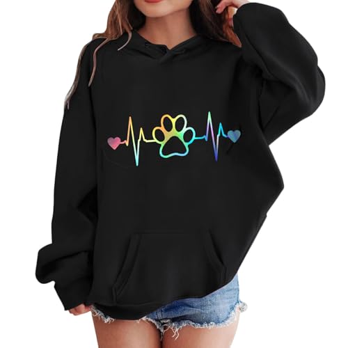 XINYUNZU Mädchen Jungen Hoodie Lässige Kapuzenpullover Casual Sweatshirt Kuschelhoodie Langarm Oberteile Mit Taschen Kinder Pullover Top für 1-14 Jahre Alt Schwarz 11 Jahre