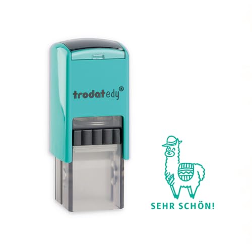 Trodat edy FIX Motivationsstempel für Lehrer und Pädagogen, Stempelset zum Motivieren – 1 Motiv Lama SEHR SCHÖN, Deutsch, Gehäuse Mint Grün, Abdruck grün, Selbstfärbend, 20 x 20 mm