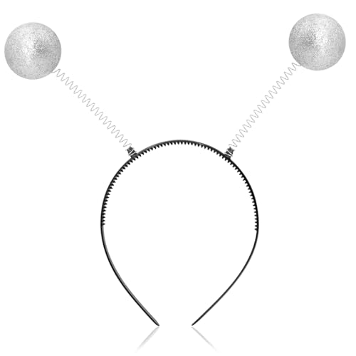 Haarreif in Silber, Halloween Glitzer Alien Haarreif in Silber mit 2 Runden Schwingenden Bällen, Accessoire zu Fasching & Karneval, Haarschmuck für Silvester Neujahr