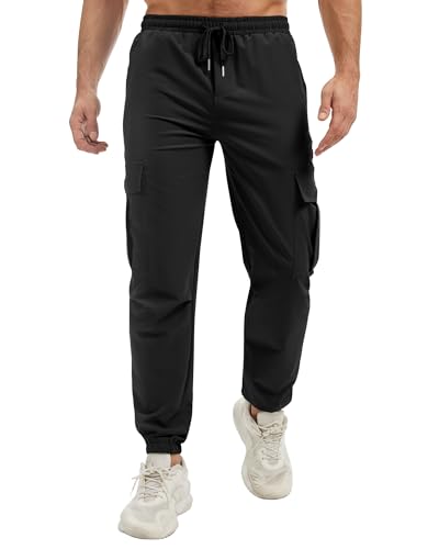 LVCBL Cargohose Herren Lange Hose Baumwolle Arbeitshose Jogginghose mit Kordelzug Taschen Hellgrau M