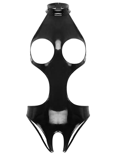 Freebily Damen Wetlook Body Brustfrei Latex Catsuit Kleid Ouvert Lackleder Bodysuit Nachtwäsche Pole Dance Nachtclub Outfit Schwarz M