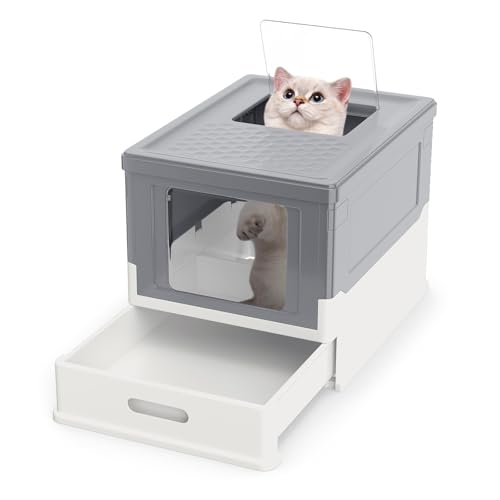COSTWAY Katzenklo faltbar, Katzentoilette mit Deckel, ausziehbarem Tablett & Fronteinstieg, geschlossen, für Kleine bis Mittelgroße Katzen bis 10 kg, aus PP, pflegeleicht (Grau)