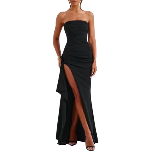 Bcenoilua Damen Sexy Langes Kleid Ärmelloses Rückenfreies Maxikleid Eng Schulterfrei Bodycon Formal Kleid Elegant Figurbetontes Sommer Abendkleider für Hochzeit Party Festliche