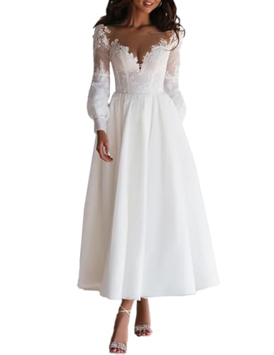 Beyonddress Damen Spitze Brautkleider Kurz Hochzeitskleider Langarm Appliques Standesamt Tea Lerngth Brautkleider