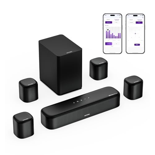 ULTIMEA 7.1ch Soundbar mit Dolby Atmos, Surround Sound Stereoanlage mit 4 Surround Lautsprechern, App, Heimkino Soundsystem, Soundbar für TV Geräte mit Subwoofer, HDMI eARC, Bluetooth 5.3, Aura A60