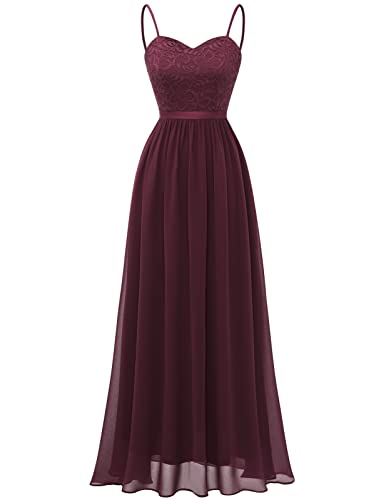 DRESSTELLS Abendkleider Damen Lang Festlich Kleider für Hochzeit Ballkleid Bodenlangang Brautkleid Elegant Sommerkleider mit Träger Hochzeitsgastkleider Burgundy L