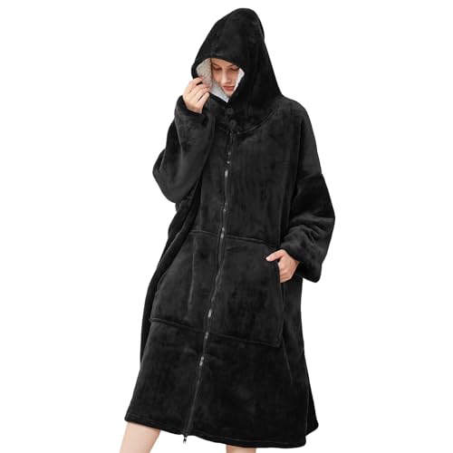 SPFASZEIV Reißverschluss Hoodie Decke Damen Kuscheldecke mit Ärmeln Übergroße Kuschelpullover Frauen Herren Tragbare Decken mit Kapuze Tasche Schwarz