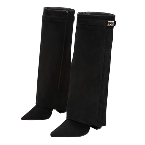 ticticlily Stiefel Damen Fold Over Boots Spitzer Zehenbereich Plateauabsatz Langschaft Knee High Boots Winter Warme Stiefeletten A Schwarz 39 EU