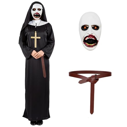 SERTAS Nonnen Kostüm Damen,Horror Halloween Nonnen Kostüm, Mittelalter Faschingskostüme mit Haube Scary Maske Kreuz Halskette Gürtel, für Halloween Karneval