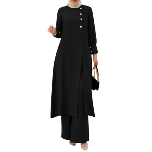 OBEEII Abaya Muslim Damen Set 2 Stück Langarm Oberteile Robe Und Hosen Corban Ramadan Outfit Naher Osten Dubai Arabisch Islamische Kleidung Frauen Schwarz XL