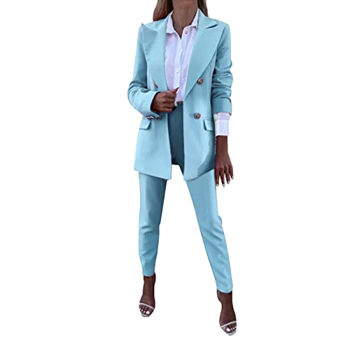 Frauen Mode Freizeitkleidung Langarm Blazer Hohe Taille Anzug Bleistift Hosen Frauen Casual Zweiteiler Overall Damen Festlich (Blue, M)
